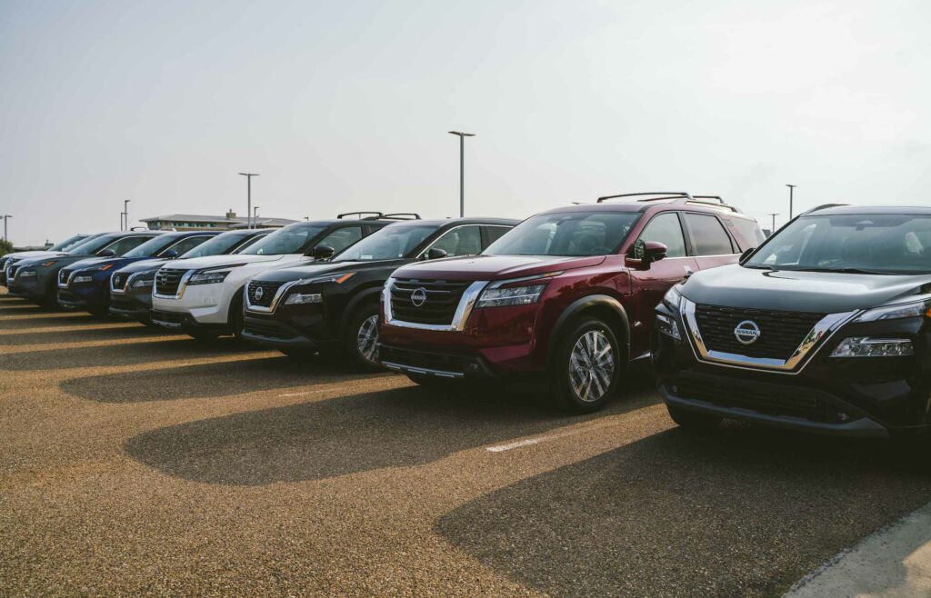 Nissan Pathfinders lined up on the lot