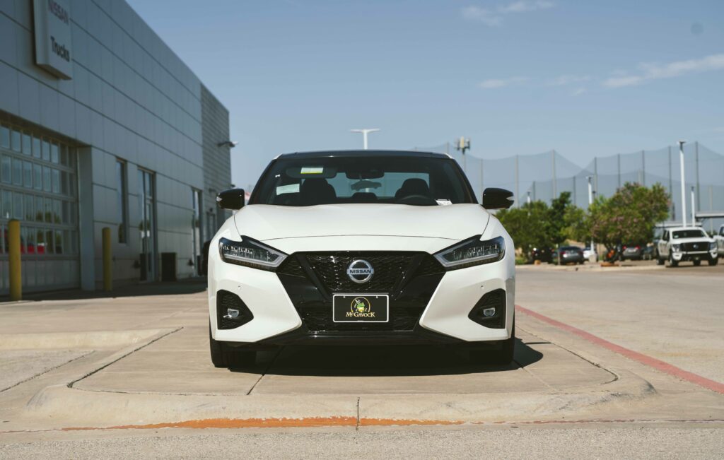 A Pearl White TriCoat Nissan Maxima at the McGavock Nissan dealership in Amarillo.