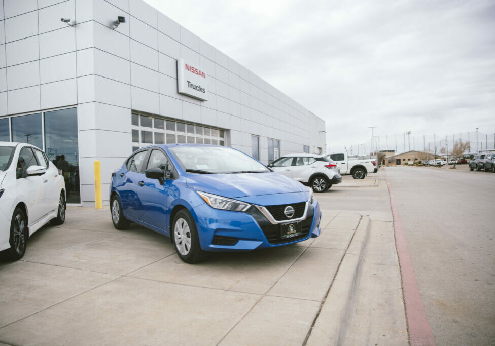 An Electric Blue Metallic Nissan Sentra at the McGavock Nissan in Amarillo.